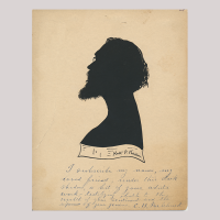 Front of silhouette, with man looking left and wearing glasses. At the bottom some inscription hand-written by the subject of the silhouette.