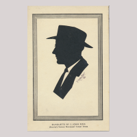 Front of silhouette, with man looking left, in suit and wearing a hat.