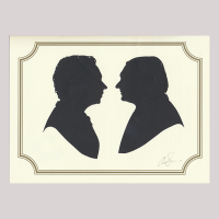 Front of silhouette, on the right a man looking left, on the left a man looking right.