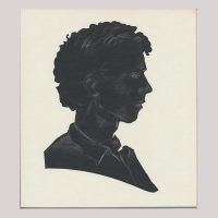 Front of silhouette, with man looking right, facial traits have been painted with pencil.
