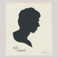 Front of silhouette, with man looking right, an hand-written text with self-portrait, and on the right-hand corner is signed by the artist.