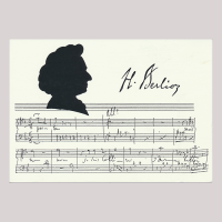 Front of silhouette, with man looking right, in the background musical stave.