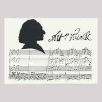 Front of silhouette, with man looking right, in the background musical stave, with the signature of the subject of the silhouette.