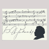 Front of silhouette, with man looking left, in the background musical stave, with the signature of the subject of the silhouette.