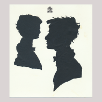 Front of silhouette, with man on the right looking left; a boy on the left looking right. At the top an emblem.