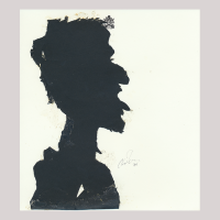 Front of silhouette, with a caricature of a man looking right, the man have out her tongue.