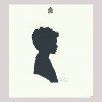 Front of silhouette, with boy looking right, at the top an emblem.