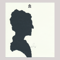 Front of silhouette, with woman looking right, at the top an emblem.