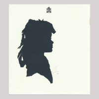 Front of silhouette, with girl looking right, at the top an emblem.