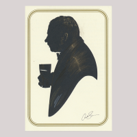 Front of silhouette, with man looking left, drinking and wearing a suit with bow tie. In square gilded frame.