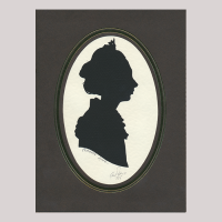 Silhouette, with woman in frame looking right, wearing a bonnet.