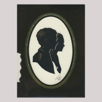 Front of silhouette, with two boys looking right. Close-up the boy; in the background a girl.