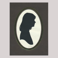Front of silhouette, with woman in frame looking right.
