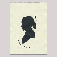 Silhouette with girl looking left.