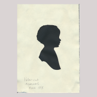 Silhouette, with boy looking right, on the left-hand corner an inscription, Hollow-cut experiment, March 1997.