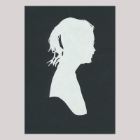 Silhouette, with woman looking right, with long hair.