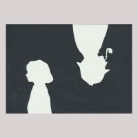 Silhouette, with on the left a girl looking left; on the right, a man looking right.
