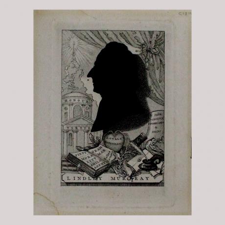 
        Silhouette of a man facing left, background scenery: symbols for his life (e.g. an ink bottle, letters, philosophical texts etc.)