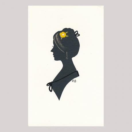
        Front of silhouette, with woman looking left, wearing a ribbon with floral motif.