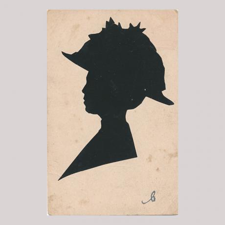 
        Front of silhouette, with woman looking left, wearing a hat.