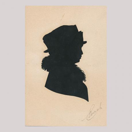 
        Front of silhouette, with a woman looking right, wearing a hat and a fur collar.