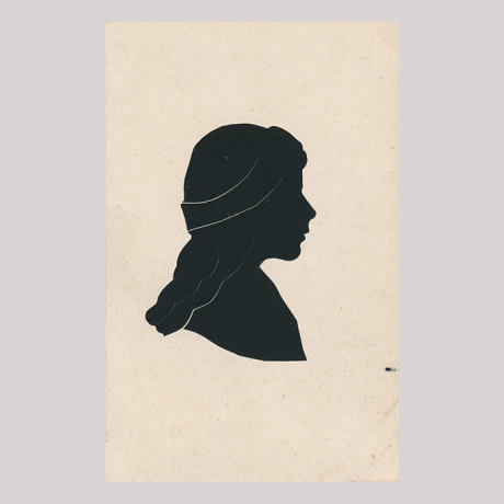 
        Front of silhouette, with girl looking right, wearing a ribbon.