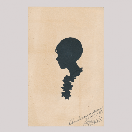 
        Front of silhouette, with a girl looking left, wearing a necklace.