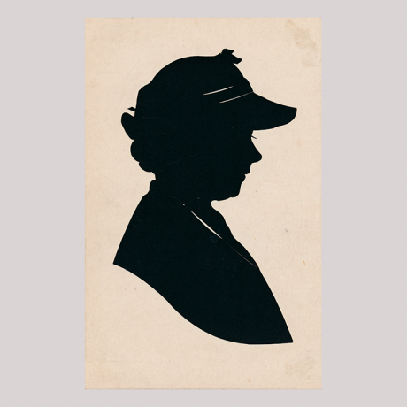 
        Front of silhouette, with a woman looking right, wearing a hat.