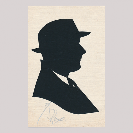 
        Front of silhouette, with a man looking right, wearing a suit and a hat.