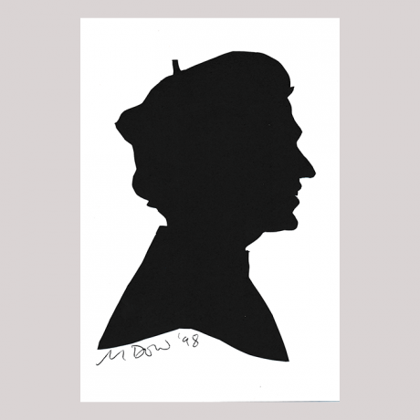 
        Fornt of silhouette, with man looking right, wearing a hat.