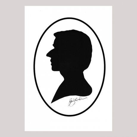 
        Front of silhouette, with man looking left with painted oval frame.