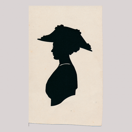 
        Front of silhouette, with woman looking left, wearing a floreal hat.