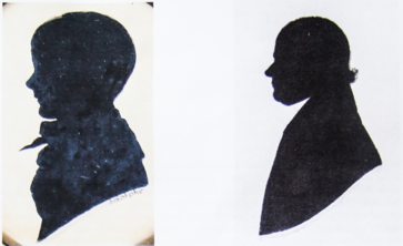 Two plain black bust-length silhouettes by 'Adolphe', to the left a boy, to the right an unknown man. Both parties facing left.