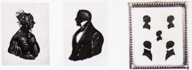 Three, dark sepia body colour silhouettes by 'Adolphe', a composite work on the right comprising four young boys and a girl, an unknown man facing left to the centre and an unknown woman facing right to the left.