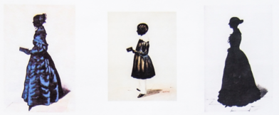 Three full-length silhouettes by 'Adolphe'. On the left, Mrs. Stone in a blue dress holding a bible. In the centre, a young boy, Stephen Smith, his coat, hair and shoes heavily highlighted with gold. On the right, an unknown lady painted in black with highlighting in chinese white. 