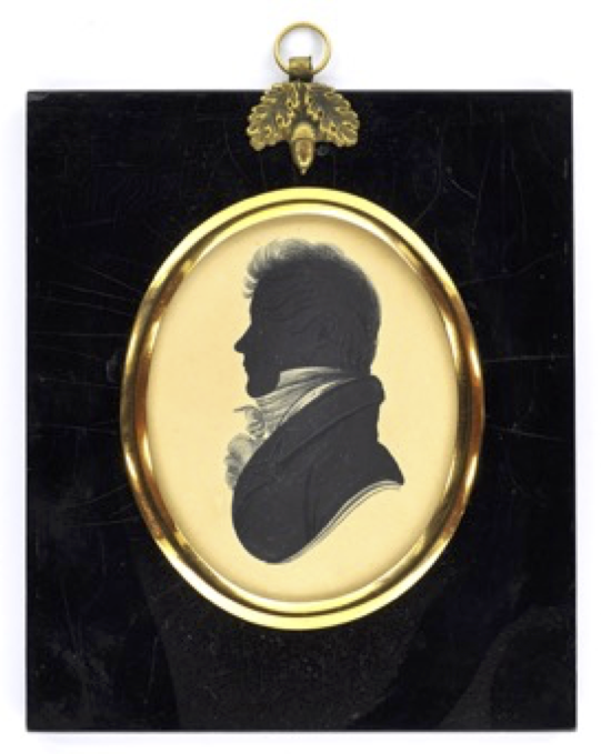 Silhouette portrait of a man facing left by Allport, terminated with his double shadow below the sitter’s bustline.  Private Collection