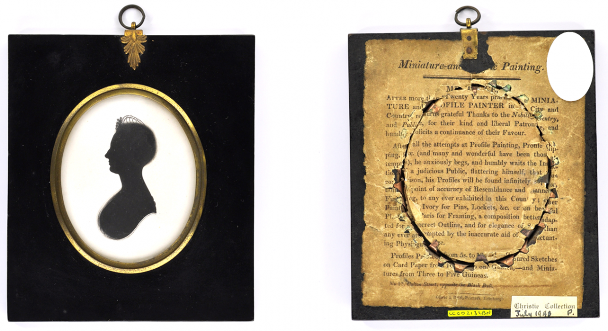 Left side of image shows a rectangular papier-mâché frame with central oval surround, inset within which is a black silhouette bust-line portrait painted on white plaster showing a woman facing left. Right side of image shows the reverse of the frame with artist's trade label adhered to the frame.