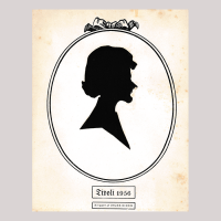 Front of silhouette, with woman looking right, in painted oval frame.