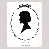 Front of silhouette, with man looking left, in painted oval frame, in the bottom the text, Tivoli 1956, Kilppet at inger eidem
