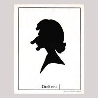 Front of silhouette, with a caricature of a human being, in a painted square frame.