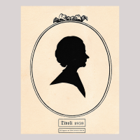 Front of silhouette, with woman looking right, in painted oval frame.