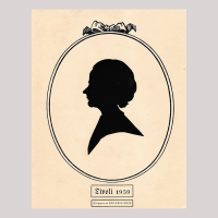 Front of silhouette, woman looking left, in painted oval frame.
