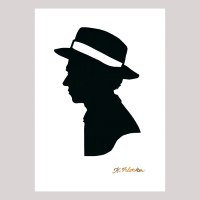 Front of silhouette, with man looking left, wearing a hat.