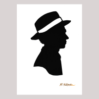 Front of silhouette, with man looking right, wearing a hat.