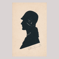 Front of silhouette, with woman looking left, wearing a hat.