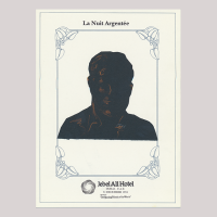 Front of silhouette, with man looking ahed, the face is recognizable by the gilded done in pen.