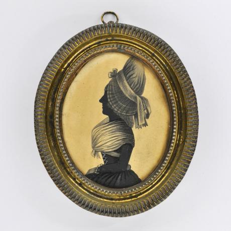 
        Front of silhouette, in frame, with woman looking left, wearing a hat with ribbon.