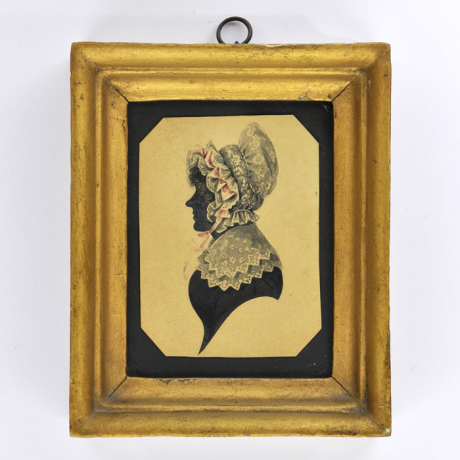 
        Front of silhouette, in frame, with woman looking left, wearing a bonnet.