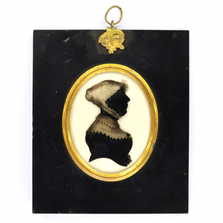 
        Front of silhouette, in frame, with woman looking right, wearing a bonnet and a high necked collar.