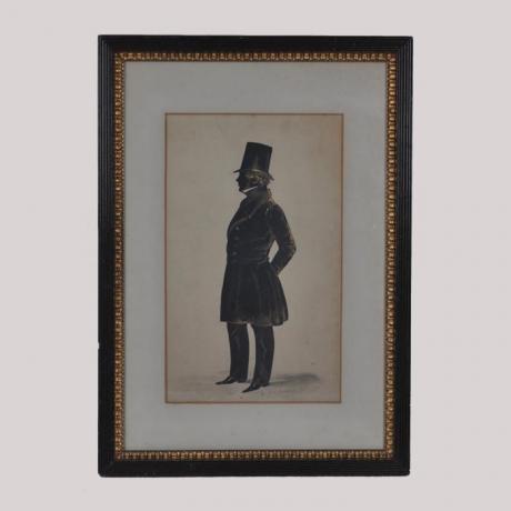 
        Full-length silhouette showing a man in fine garment
